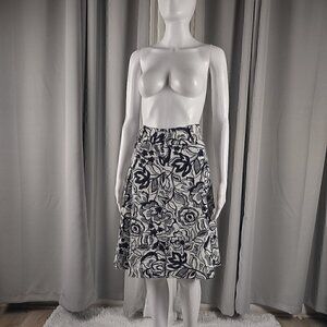Cato Women's Black White Floral Designed Linen Blend Fit & Flare Midi Skirt Sz 4